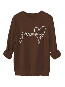 Close-up of brown hoodie featuring white grammy embroidery and heart detail on chest