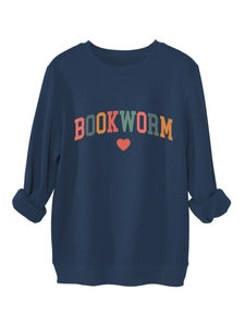 Detail of the navy blue Bookworm sweatshirt showing the ribbed neckline and heart print