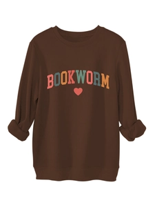 Detail of Bookworm print and heart on brown fleece sweatshirt with ribbed hem
