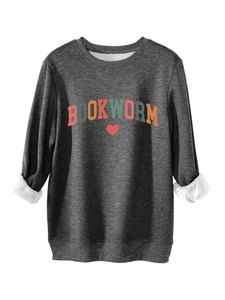 Close-up of dark grey Bookworm sweatshirt showing the thick fleece lining and letter print