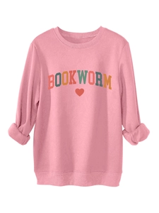 Close-up of pink Bookworm sweatshirt with ribbed collar and soft fleece texture detail