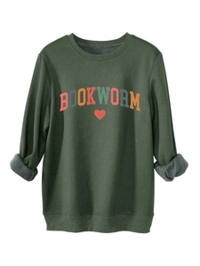 Detail of soft fleece lining and ribbed cuffs on the dark green Bookworm sweatshirt