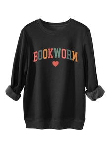Detail view of black fleece-lined Bookworm sweatshirt showing the soft inner texture