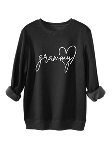 Detail of warm fleece lining and grammy heart print on black cotton sweatshirt