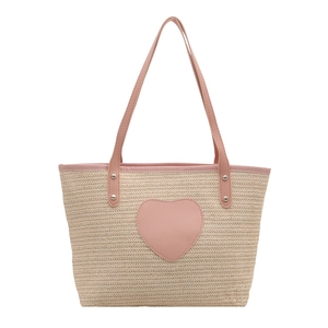 Sac fourre-tout en paille tissé avec patch cœur rose et bandoulières de style rustique