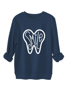 Detail of navy blue sweatshirt showing the SMILE tooth print and ribbed cuffs texture