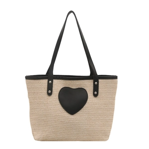 Sac fourre-tout tissé en beige avec poignées noires et cœur contrasté pour printemps
