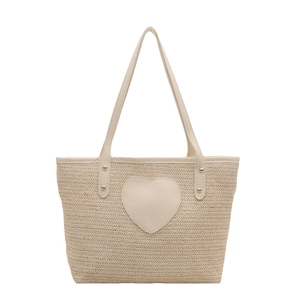Stroh-Tragetasche für Damen in Beige mit Herz-Detail und Henkeln aus Kunstleder