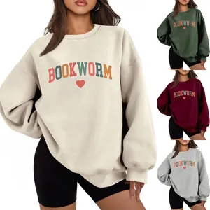 Women Sweatshirt Round Neck Long Sleeve Fleece Lined Loose Fit Bookworm Letter Print Heart Graphic Casual Streetwear Pullover