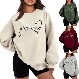 Women Sweatshirt Cotton Blend Round Neck Long Sleeve Oversized Fleece Grammy Heart Print Casual Loose Streetwear
