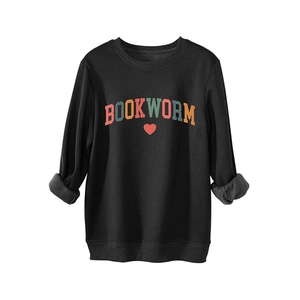 Women's black fleece-lined Bookworm sweatshirt with a cozy thermal interior