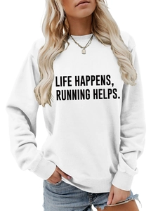 Detailed texture of white sweatshirt with Life Happens Running Helps slogan print
