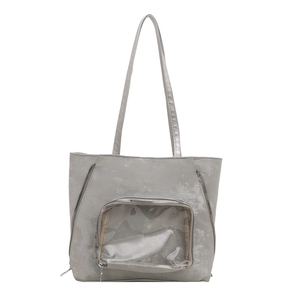 Large capacity gray tote bag with transparent PVC pocket and silver zippers in a flat lay