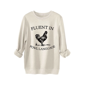 Relaxed fit cream sweatshirt with black rooster print and fluent in fowl language slogan
