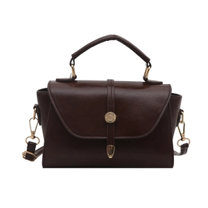 Minimalist retro dark brown faux leather square handbag with golden metal hardware