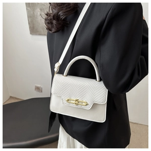 Contrast white box handbag with woven texture and gold chain clasp on female model