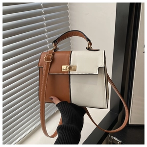Gros plan d'un sac Kelly bicolore avec fermoir rotatif doré et surpiqûres en cuir chic