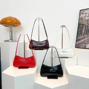 Chic minimalist half-moon leather handbags in red, coffee, black, and beige colors