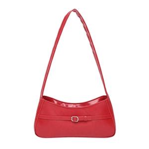 Minimalist red faux leather underarm shoulder bag with silver buckle and sleek finish
