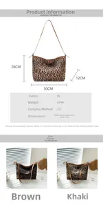 Dettagli della borsa tote leopardata in PU con dimensioni e varianti di colore marrone e kaki