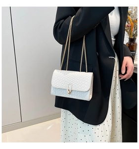 Detail showing white woven texture bag with gold chain strap on a model shoulder