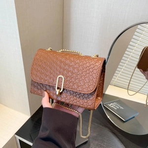 Fashion Women PU Leather Woven Texture Crossbody Bag Gold Chain Small Square Bag Commuter Simple Solid Color Shoulder Handbag
