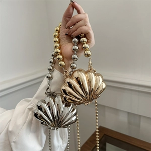 Creative Shell Shaped Metallic Mini Crossbody Bag Floral Lipstick Makeup Evening Bag With Beaded Handle Chain Clutch For Women