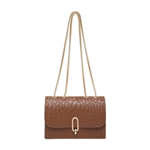 Chic brown textured chain shoulder bag with gold hardware and flap closure on white background