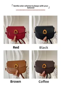 Detailed grid showing four colors of faux leather saddle bags with gold metal buckles