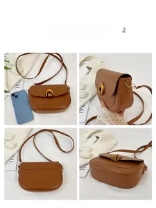 Brown leather saddle bag with gold U-buckle shown from four angles with phone for size reference