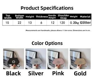 Guide des tailles montrant les dimensions et couleurs du sac de soirée et bandoulière