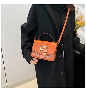 Brown square flap bag with gold metallic buckle closure worn on a black coat
