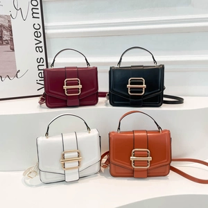 Women Structured Mini Square Crossbody Bag PU Leather Top Handle Handbag Gold Tone Buckle Fashion Shoulder Satchel Purse