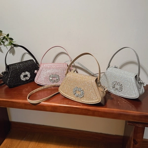 Glittering small square crossbody bags in black, pink, gold and silver with crystal buckles