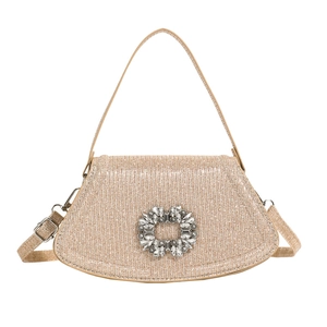 Champagne sequin evening bag with a crystal floral buckle and adjustable shoulder strap