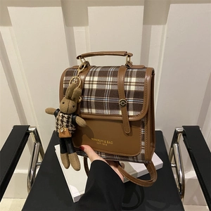 Retro Plaid PU Leather Backpack Crossbody Bag With Rabbit Pendant Contrast Color British Style Fashion For Women