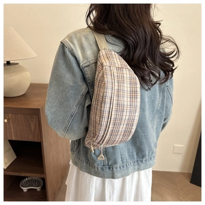 Detail of vintage plaid chest bag with beige pattern and metallic triangle zipper pull