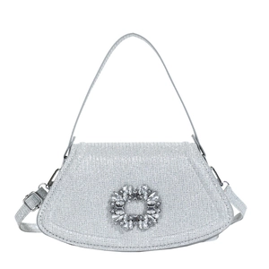 Sac de soirée argenté étincelant avec ornement en cristal et bandoulière réglable
