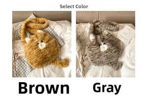 Brown and grey plush cat shoulder bags featuring 3D ears and long tails on white fabric