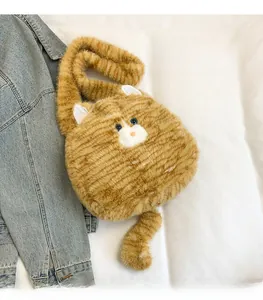 Detail of plush orange tabby cat crossbody bag featuring realistic faux fur and cute ears