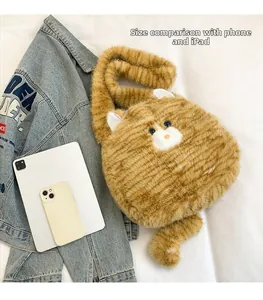 Capacity comparison of plush cat shoulder bag next to a tablet and a mobile phone