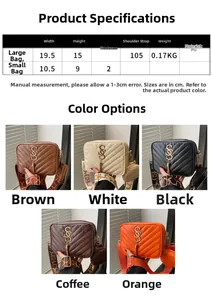 Size chart showing PU leather crossbody bag dimensions and wide strap details