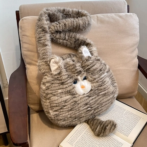 Cat Shaped Plush Crossbody Bag Cute Animal Design Faux Fur Shoulder Handbag With Tail Decoration For Women