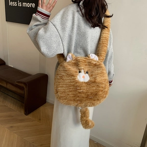 Cute orange cat-shaped plush shoulder bag with fluffy tail shown from back view