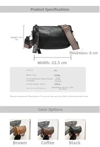 Size chart showing width 22.5cm, height 14.5cm and thick 8cm dimensions for the crossbody bag