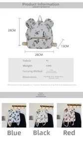 Detailed infographic of white PU backpack with black butterfly prints and bear ear design