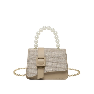 Fashion beige mini crossbody bag with pearl handle and sequin flap detail on white background