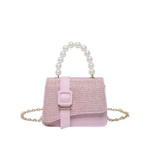 Pink glitter mini crossbody bag with faux pearl top handle and gold chain strap
