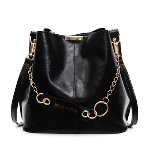 Classic black bucket bag with polished leather texture and gold chain decoration