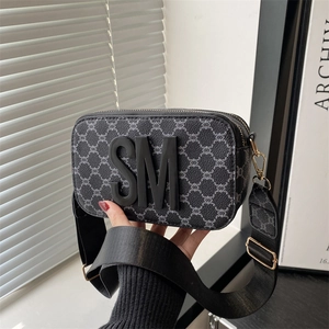 Vintage Monogram Camera Bag PU Leather Retro Letter SM Crossbody Small Square Bag With Wide Strap For Women Fashion